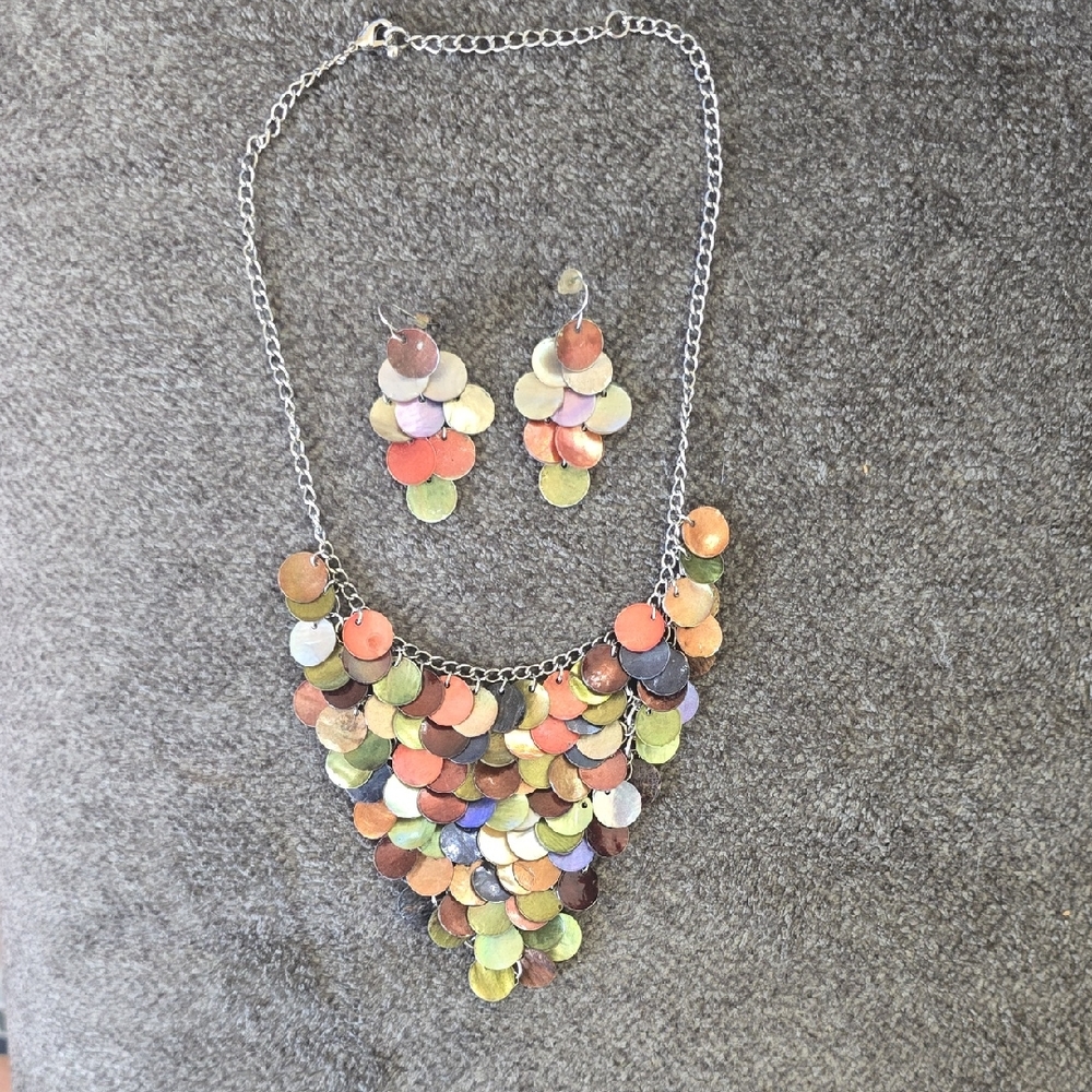 Multicolor Disc Statement Necklace and Earrings Set